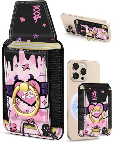 Shorogyt Compatible with Magsafe Wallet with Ring Stand Grip - Cute Magnetic Phone Wallets Card Holder for iPhone 17/16/15/14/13/12 Series for Women Girls, Fit 7 Cards, Heart Skull, Heart Skull