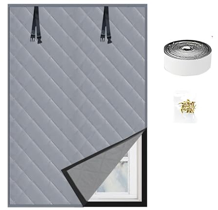 Winter Insulated Window Curtain, Thermal Insulated Window Cover for Keeping Warm, Windproof Windows Wrap Insulation Cotton Blanket, No Drill Easy to Install(Grey,65x100cm)