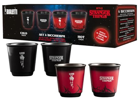 Bialetti Set 4 Bicchierini da caffè Stranger Things, Termo Sensibili, cambiano colore con il calore, No Lavastoviglie, 90 ml ciascuno, Nero