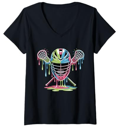 Womens Lacrosse Helmet Drip Art Funny Colorful Sports Style V-Neck T-Shirt