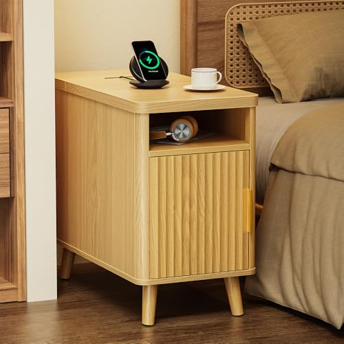 Huuger Narrow End Table with Charging Station, USB-C Port | Fluted Nightstand with Storage Cabinet, Back Rack, Farmhouse Side Table for Small Spaces, Night Stand, Walnut