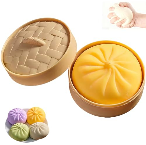 Large Dumpling Squishy Toy with Steamer Box – Jumbo Soft Slow-Rising Stress Relief Ball for Adults, Extra Large Squeeze Sensory Fidget for Anxiety, Relaxation & Desk Décor(Yellow)