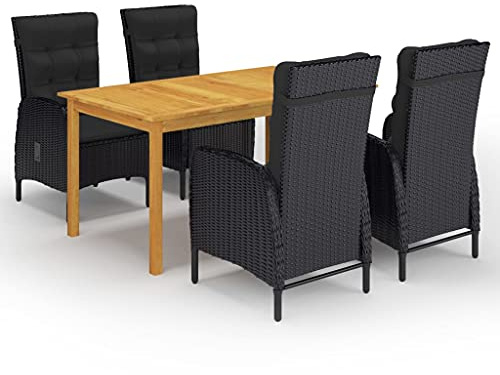 JHQHSM 5-TLG. Gruppo da giardino nero in legno di acacia e rattan PE con caratteristiche e cuscini resistenti alle intemperie