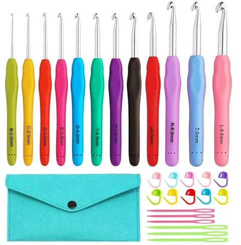 Knitiss 12 Sizes Crochet Hooks 2-8mm Ergonomic Crochet Hooks for Beginner | Crochet Hooks Set with Case, Comfortable Handel with Soft Grip
