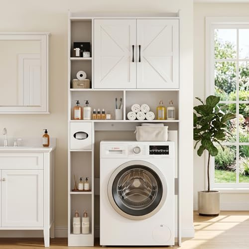 BonVache Waschmaschinenschrank mit 8 Offene Stauräume, Waschmaschinenregal mit Verstellbare Ablagen und Toilettenpapierfach, Seitenteil wahlweise Links oder rechts montierbar, Doppeltür und Weiß
