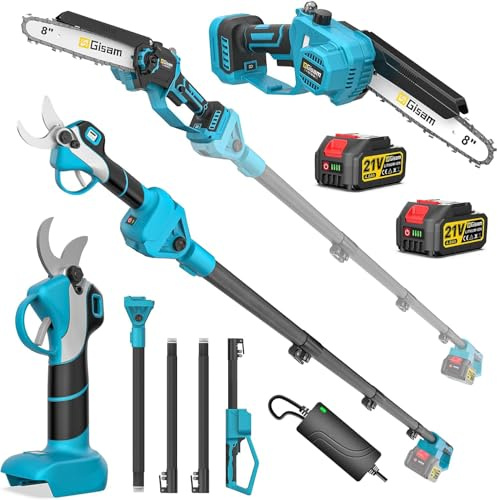 Mini Motosierra De 8 Pulgadas Y Tijeras EléCtricas De Podar A BateríA; Juego De Herramientas De JardíN 4 En 1, Con 2 BateríAs De 4,0 Ah, Barra Extensible De Hasta 4,2 M, Motor Sin Escobillas, Podadora