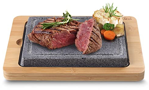 Artestia Steakstein-Set, 2 vulkanische Lavasteine für Steak mit Bambus-Tabletts, heißes Stein-Kochset für brutzelndes Steak, Fleisch, Meeresfrüchte und Gemüse, 21,5 x 16,5 cm