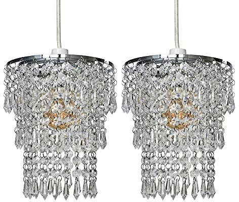 MiniSun | Modern Chrome Chandeliers with Clear Acrylic Jewel Droplets | Pendant Lights, Home Décor & Improvement Essential | Set of 2 | 200mm Shade Width