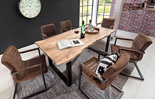 SAM 7tlg. Essgruppe Quentin, 1x Baumkantentisch 180x90cm Akazienholz naturfarben + massiv & 6X Schwingstuhl/Armlehnstuhl Parzivo in Wildleder-Optik, Tischgruppe im Industrial-Stil