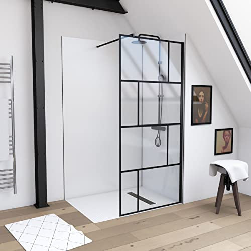 Paroi de douche a l'italienne serigraphie type Brique - 90x195cm - Profile noir mat - verre 5mm