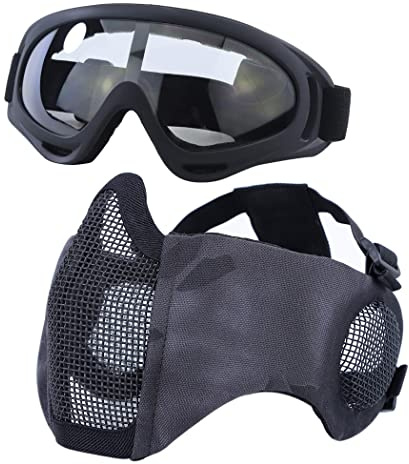 Yzpacc Airsoft Mask with Goggles, Foldable Half Face Airsoft Mesh Mask with Ear Protection for Paintball Shooting Cosplay CS Game (TY)