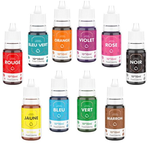 10 * 10ml Colorant Alimentaire Liquide,Waysroma Colorant Alimentaire Pâtisserie Haute Concentré Nourriture Dye pour Couleur Fondant,Boissons,Crème,Gâteau,Donuts,Pâques Macaron