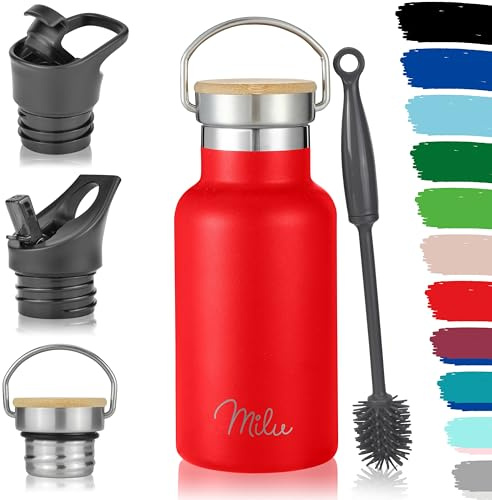 Milu Borraccia in acciaio inox, 350 ml, 500 ml, 750 ml, 1000 ml, con cannuccia, isolata, per bambini, adulti, in viaggio, a tenuta stagna (Rosso, 350 ml)