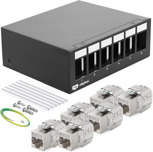 HB-DIGITAL 6-Port Patchpanel Patchfeld Verteilerfeld 1 HE 6x CAT 7 RJ45 Keystone Jack Modul vollgeschirmt STP 10 Gbps Kompatibel mit Verlegekabel Netzwerkkabel Ethernet LAN - Schwarz