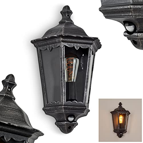 HOFSTEIN Außenwandleuchte Hongkong, Außenwandlampe mit Bewegungsmelder aus Metall/Glas in Schwarz-Silber/Klar, Wandleuchte Up im Retro/Vintage-Design, E27, IP44, Eingangsbereich, Terrasse, Haustür