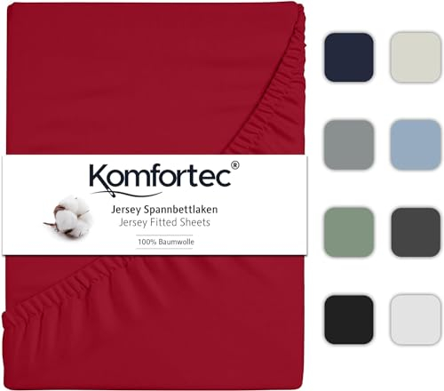 Komfortec Spannbettlaken 90x200 Baumwolle Jersey Bettlaken, Oeko-Tex Zertifiziert für Boxspring, Topper, Rundumgummi für Perfekte Passform, Weich & Atmungsaktiv, Pflegeleicht & Formstabil, Rot