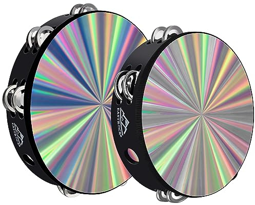 EASTROCK Radiant Tambourine Hand Held Drum 8/10 Inch Double Row Jingles Reflective Tambourine Musical Instrument（ 2Packs)