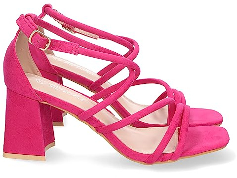 shoes&blues.es 75248-Sandalia de Tacon para Mujer, Comodo, con Tiras Finas Cruzadas, Talon Cerrado, y Cierre de Hebilla. Talla 39 Fucsia