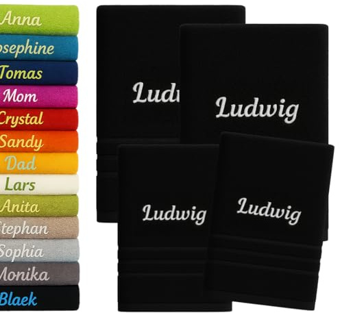4er Pack Personalisiertes Handtuch und Badetuch mit Namen Schön gestickter Name Handbadetuch 100 % Baumwollhandtuch 2x (50 x 100 cm) + 2x (140 x 70 cm) Personalized Custom Towel with Name (Schwarz)