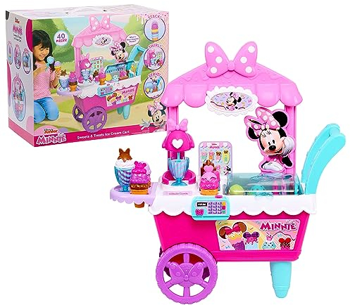 Minnie Disney Junior Mouse Sweets & Treats 60cm Tall Rolling Ice Cream Trolley, 39 Piece, Pretend Play Food Set