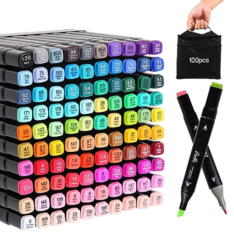 Kebuye Alkohol Marker Set, Alcohol Twin Marker 100 Farben, Meißel & Feine Verdoppelt Spitzt Alkohol Permanenter Marker Stifte für Manga, Design, Malerei, Zeichnung