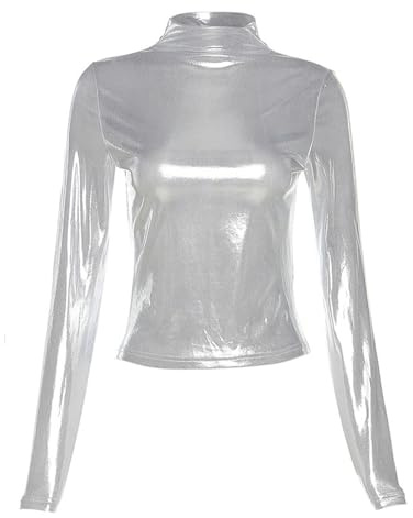 Tops Brillantes De Manga Larga para Mujer, Tops De Cuello Alto Líquidos Metálicos, Jerseys Informales De Ajuste Entallado para Ropa De Club, Blusa con Aspecto De Cuero Sólido, Camisetas Mangas Fiesta