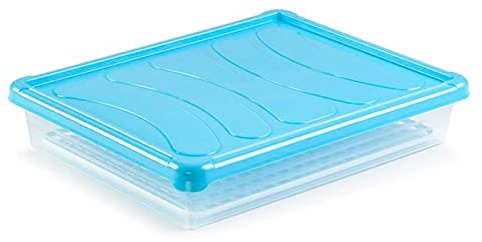 Tradineur - Set di 4 vassoi frigoriferi con coperchio e griglia, in plastica, riutilizzabile, scongelare alimenti, prodotto in Spagna, 4 litri, 35 x 27,5 x 6,5 cm, colori assortiti