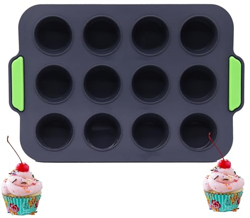 Yxmohala Muffinsform, silikon, muffinsplåt, muffinsform, bakform, non-stick-belagda muffinsformar med handtag, bakplåt för cupcakes, brownies, kakor, pudding 31 x 21 x 2,5 cm (grå)
