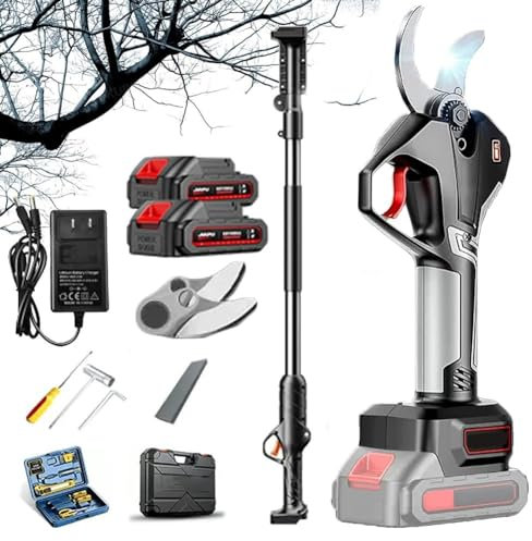 Tijeras de podar eléctricas, tijeras de podar eléctricas inalámbricas con 2 baterías, tijeras de podar de largo alcance con poste telescópico de 2,1 m, tijeras de ramas eficientes con pantalla LCD