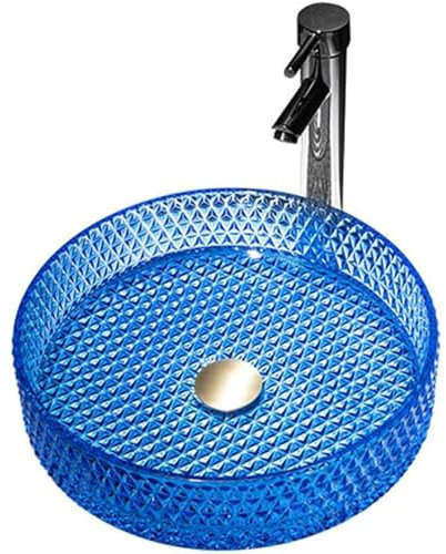 HSHTTKL Blaues Glas-Waschbecken, rund, über der Theke, Waschbecken, modernes Badezimmer-Waschbecken, Waschbecken auf der Arbeitsplatte