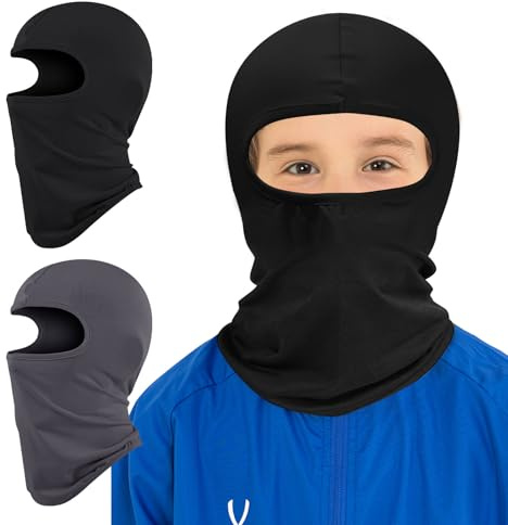Risipu 2 Pack Kids Balaclava Face Mask,Thin Helmet Liner Face and Neck Cover Mask for Boys Girls Lightweight Neck Gaiter Skiing Cycling Fishing (UK, Alpha, One Size, Black+Dark Gray)