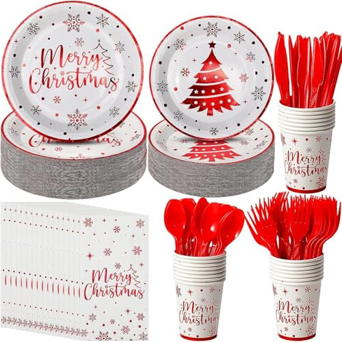 KAHEIGN 100 Pezzi Stoviglie di Carta per Feste Natalizie, 25 x 9 Pollici Piatti Piani, 25 x 7 Pollici Piatti da Insalata, 25 x 360ml Bicchieri, 25 x 16CM Tovaglioli - per Natale Feste Decorazioni