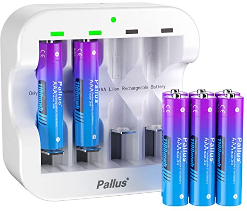 Pallus AAA Rechargeable Lithium Battery, 1100mWh High Capacity Triple A Rechargeable Li-Ion Batteries, 8 Pack 1.5V AAA Lithium Battery With White 4-Slot Charger