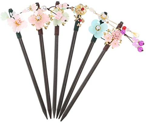 Beatifufu 6pcs Chinese Hair Sticks Vintage Flower Hairpin Wood Hair Accessories for Women Retro Hairpin Tassel for Chinese Hanfu Dress