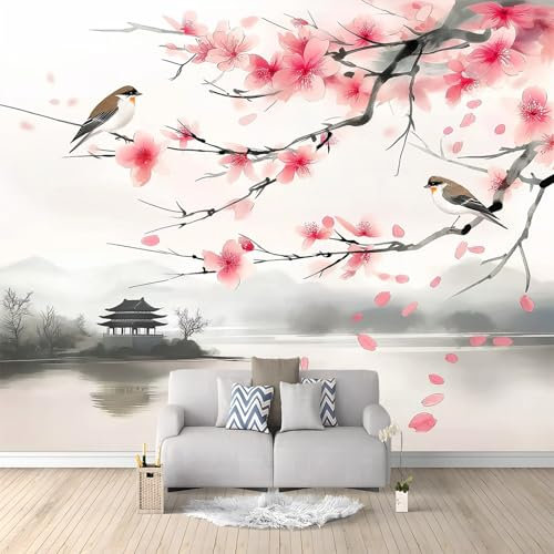 Papel pintado fotográfico de estilo chino, pintura de cerezo con flores de cerezo, color blanco, no tejido, impresión artística para pared, decoración de pósteres, diseño moderno, para sala de estar,