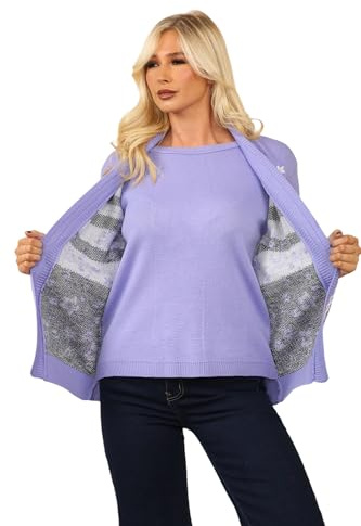Ladies Twin Set Floral Sweater Womens Knitted Tank Top Cardigan Jumper (UK, Alpha, M, L, Regular, Regular, Lilac)