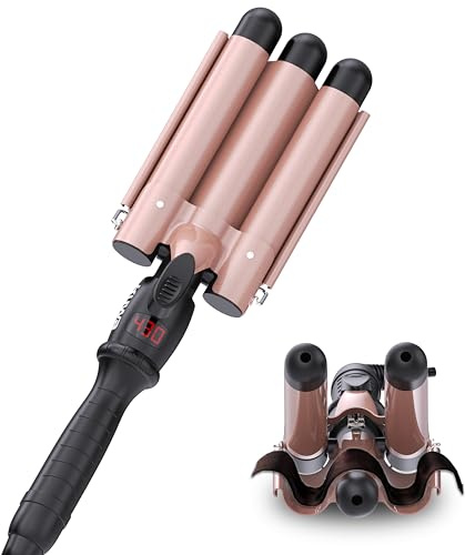 kuwa Crimper Hair Tool, 15 Variable Temperature with LCD Display Hair Crimper, Waver Hair Tool,3 Barrel Curling Iron, hairCrimper for Women,Long-Lasting Natural Tight Waves