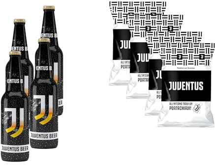 Bombeer del JUVENTU.S 4 Bottiglie da 33cl + 4 Patatine da 25gr - Birra Originale By Christian Vieri - Puro Malto Bottiglie di Vetro - Made in Italy