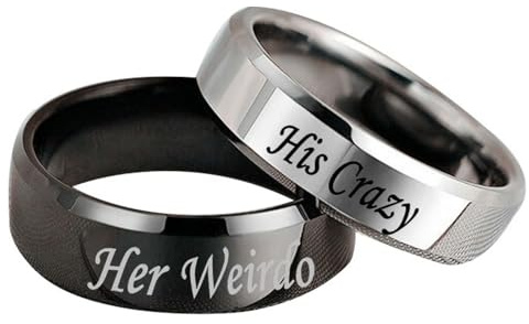 Lirzxin Bague Alliance Femme et Homme, Bagues de Promesse Couple Acier Inoxydable Ronde Poli Simple 6MM Her Weirdo His Crazy Anneau Fiançailles Argent Noir