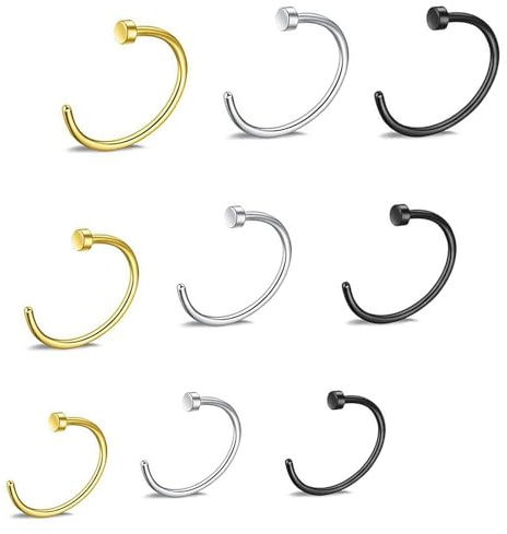 LIURFLNC ﻿9 Stück Fake Nose Ring, Fake Nasenpiercing, Fake Nasenring, Fake Piercing Set, Nasen Nasenpircing, No Nadel Ohrring Nasenpiercing Fake für Nostril,Brüste,Ohr Lippe(Gold Silber Schwarz)