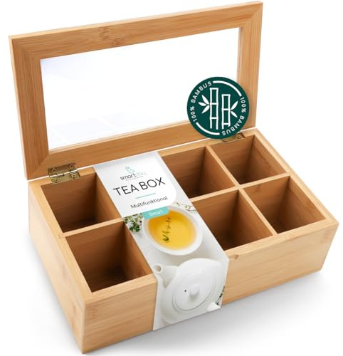 smartday Teebox aus Bambus mit Sichtfenster – Teebeutelbox mit 8 Fächern I Tee Aufbewahrungsbox aus Holz I Multifunktionale Teekiste für Küche, Büro & Esszimmer