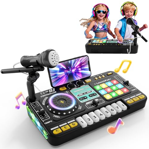 DJ Mixer DJ Desk for Children 3-10 Years DJ Controller DJ Mixer Musical Instruments with Microphone 100+ Sound Effects Light Battery, Gift Toy for DJ Beginners Boys Girls 3 5 6 7 8 9 10 Years