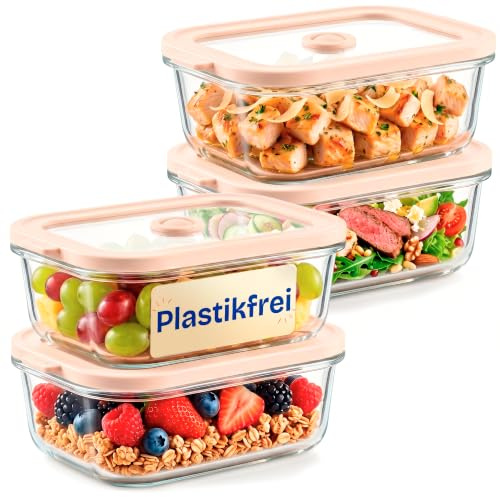 Ziruma Schadstofffrei Glasbehälter mit Deckel, 4er-Set, 355ml, Ohne BPA | 100% Borosilikatglas – auch der Deckel, plastikfrei