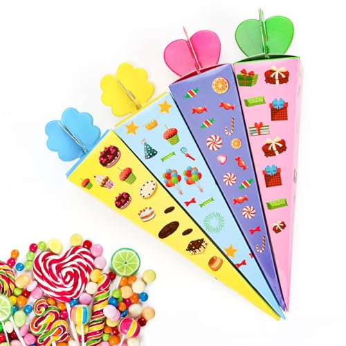 Schultüte Klein 20cm, 32 Stück Zuckertüte Kleine Geschwister Schultüte Nachfüllbare Zuckertüten,Bunt Faltbare Schultüte Geschenkboxen DIY Schulstart Einschulung Geschenk Schulanfang Party Deko
