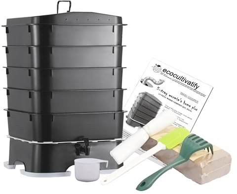 5-Tray Worm Compost Bin, Worm Composter for Outdoor & Indoor, 5-Tray ecocultivatify Wormie's Home Plus, Worm Bin Set for Recycling Household Waste (Black)