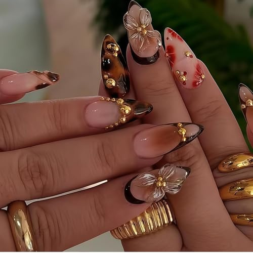 VelvetGlow Medium Mandel 3D Uñas Postizas, Punta Francesa en Braungold con Flor y Leopardo, 24 Piezas Diseño Semi Hecho a Mano Gradiente Acrílico para Mujeres