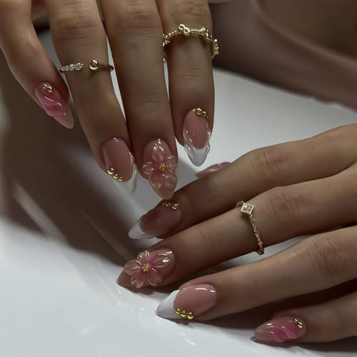 Auroriel Rosa Medium Almond Press On Nails 24 Pcs Handcrafted Acrylic Flower Design White Natural Nail Look Short Artificial Nails for Gluing for Women Bride Holiday Gift
