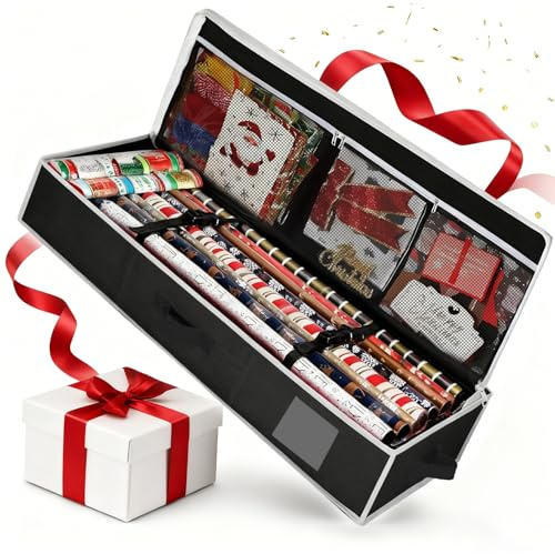Geschenkpapier Aufbewahrung 102x35x15cm, 600D Oxford Gewebe Reißfest Geschenkpapier Organizer mit Netztaschen und Reißverschluss, Premium Wasserdichtes Aufbewahrungstasche für Rollen & Bänder