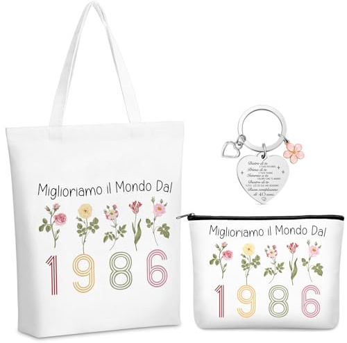 Hestya Regalo 40 Anni Donna Compreso Borsa Shopper Donna Borsa Cosmetica e Portachiavi Regalo di per Moglie o Amica, Celebrare 40 Anni di Compleanno(1986)