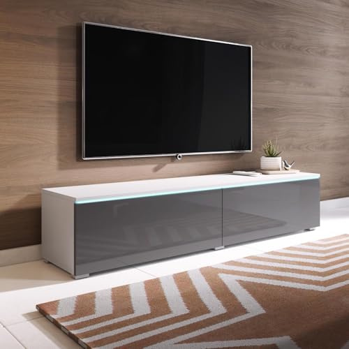 FWStyle Modern Lowboard TV Media Storage Unit with LED Lighting – Matt White & Grey Gloss – Wall Mounted or Floor Standing TV Cabinet with 2 Drop Down Doors